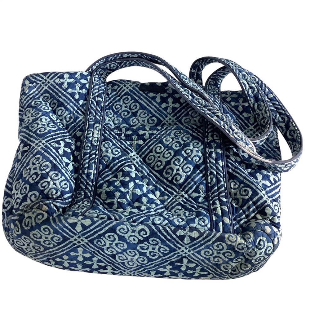 Vera Bradley Blue White Geometric Quilted Cotton Tote Shoulder Bag Zip Top